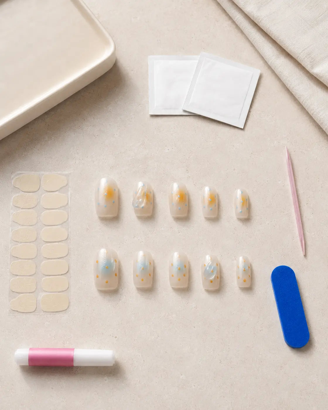 Clean organized workspace prepared for safe press-on nail application