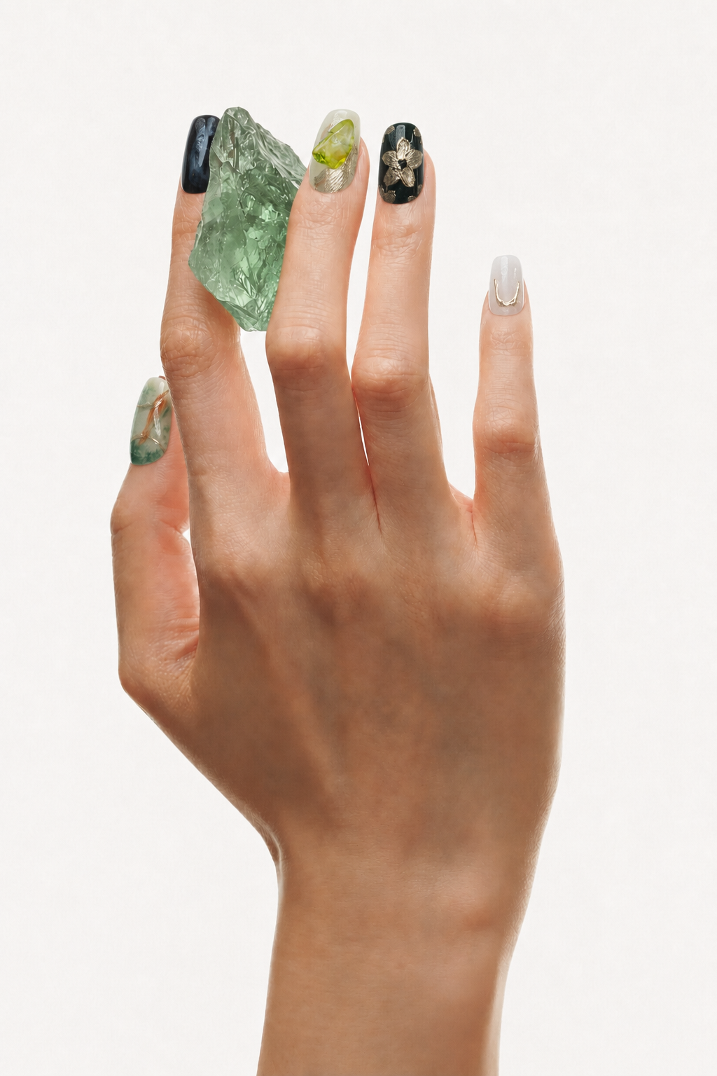 Hand wearing Green Calm green gradient press-on nails with gold foil and aventurine
