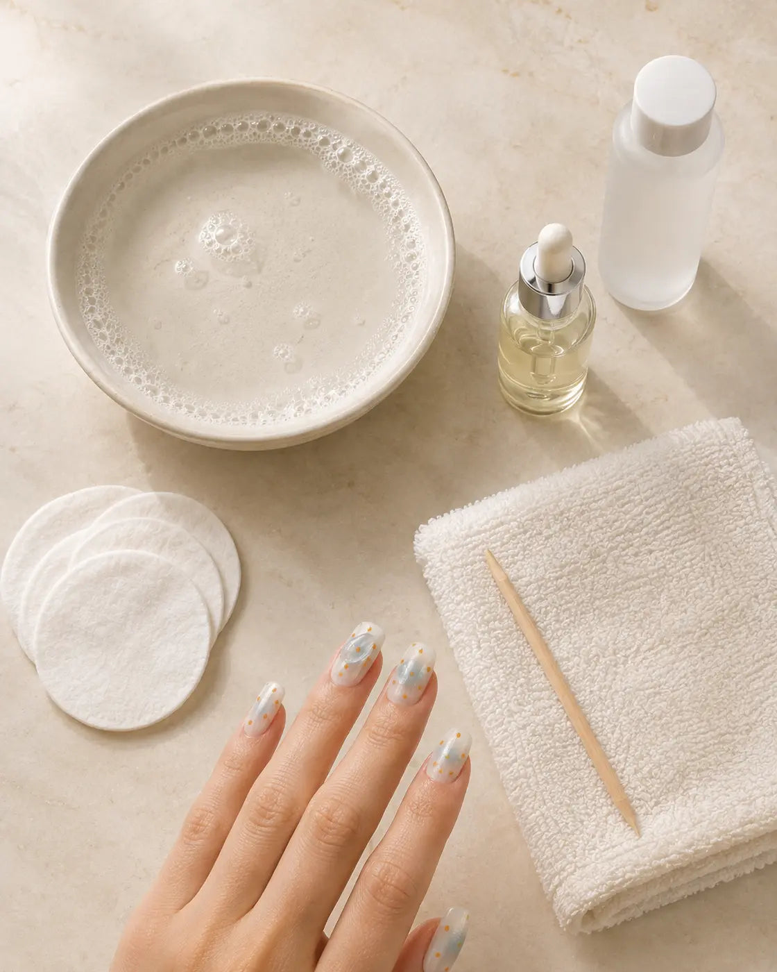 Hands preparing warm soapy water, oil, and removal tools for press-on nail removal