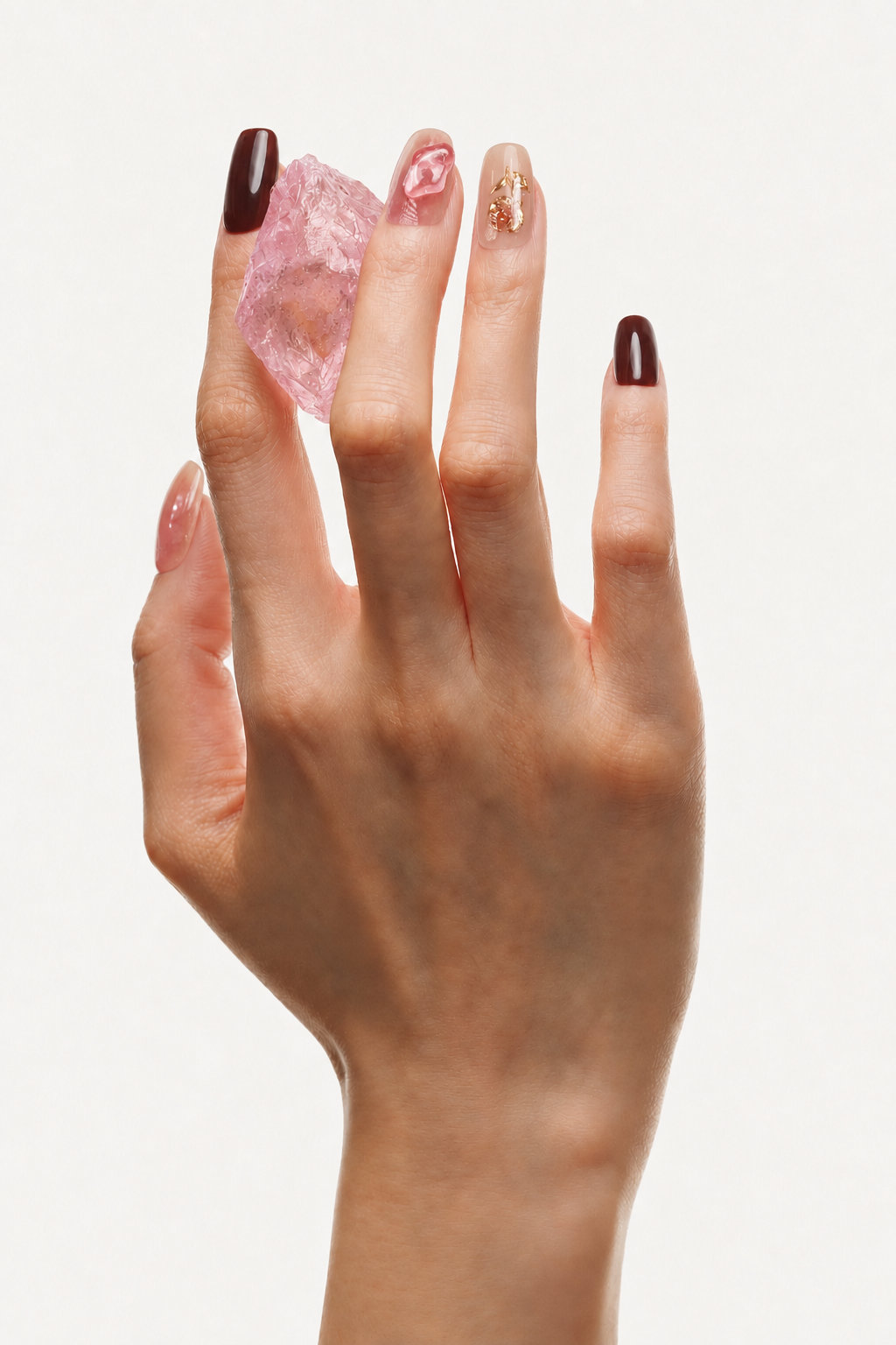 Hand wearing In Bloom brown and pink floral press-on nails with gold foil and rose quartz
