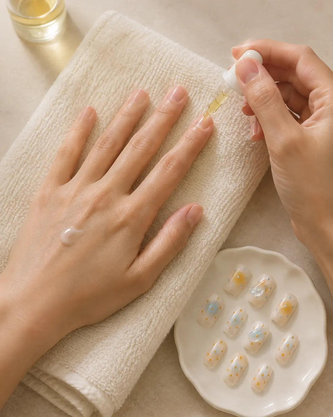 Natural nails being gently cleaned and moisturized after press-on nail removal
