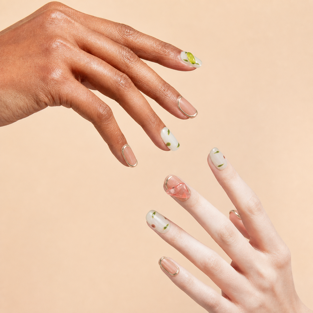 Two hands wearing New Sprout pink green floral press-on nails on a peach background