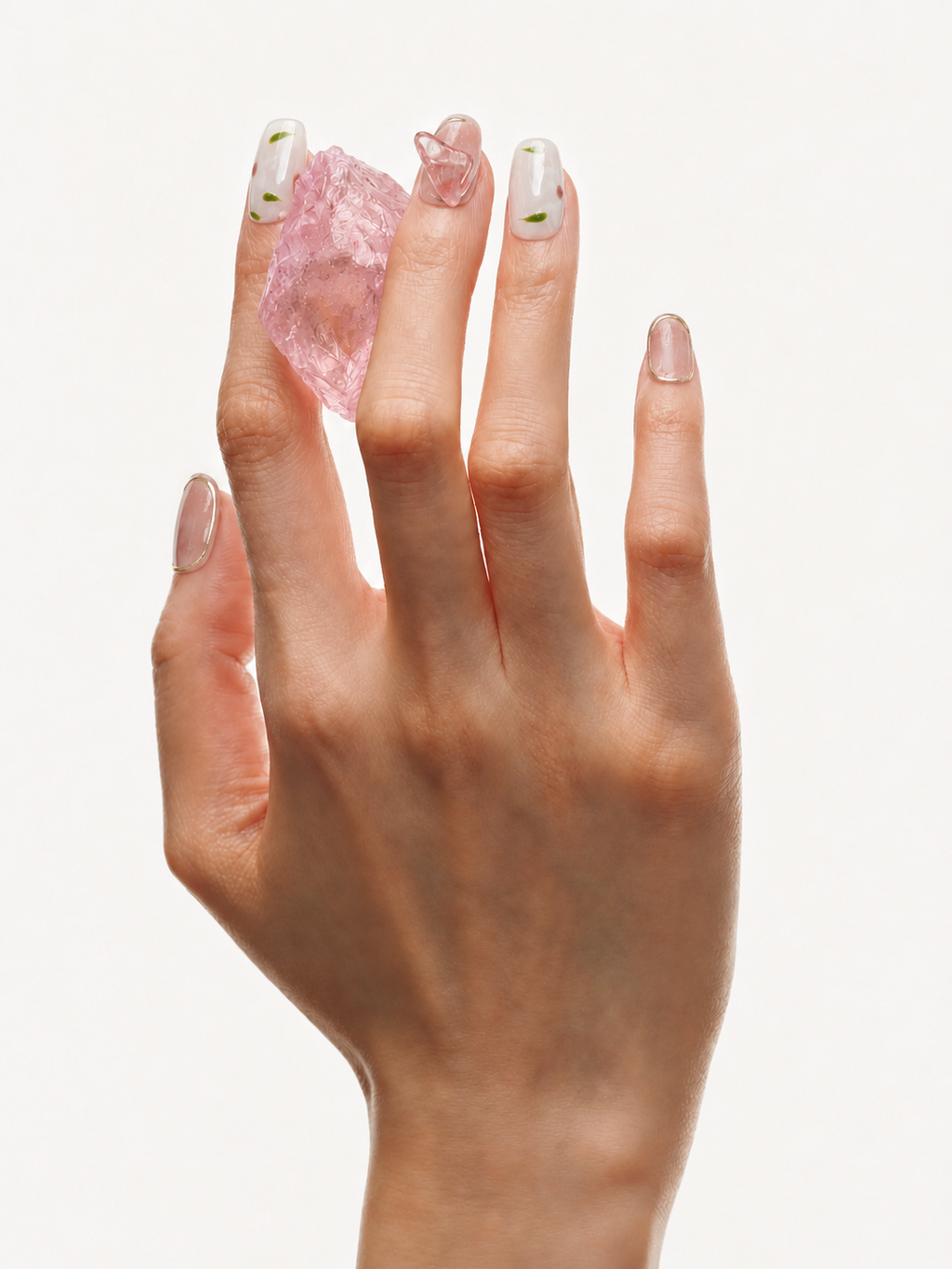 Hand wearing New Sprout pink and green floral press-on nails with botanical details and crystals
