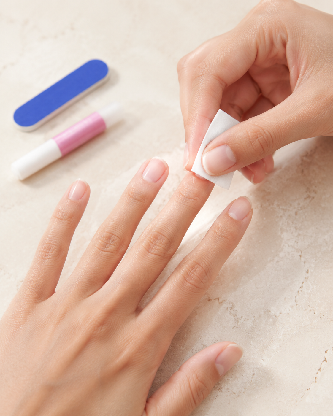 Natural nails being washed, dried, gently buffed, and cleaned before press-on nail application