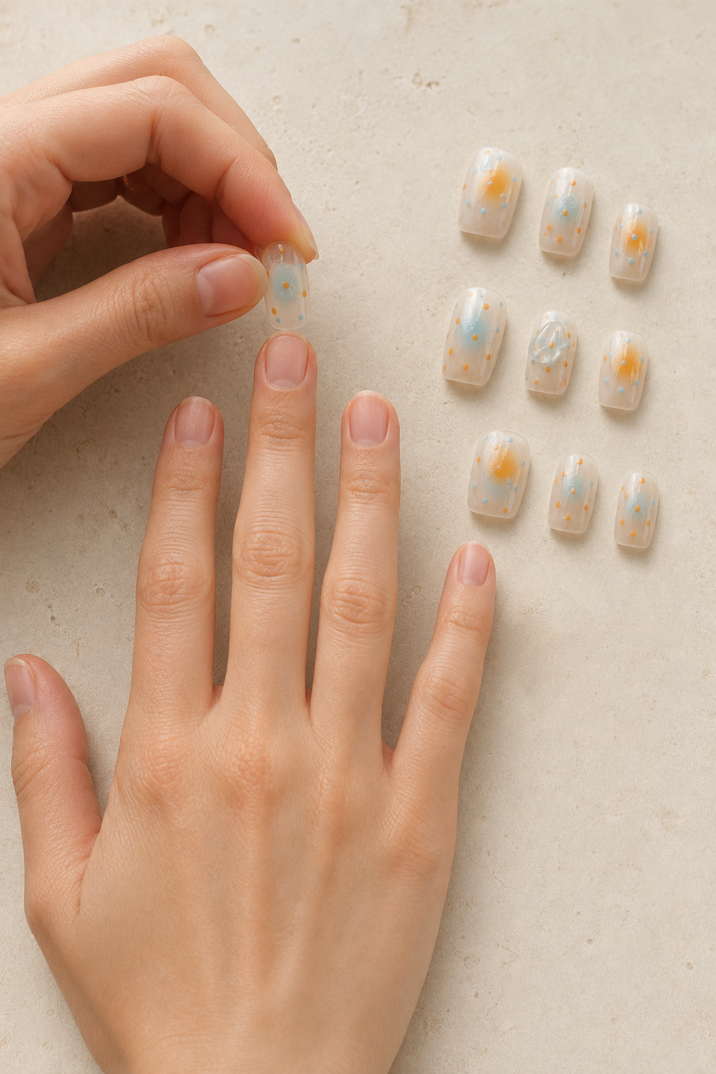 Press-on nail sizes being matched to each natural nail before glue application
