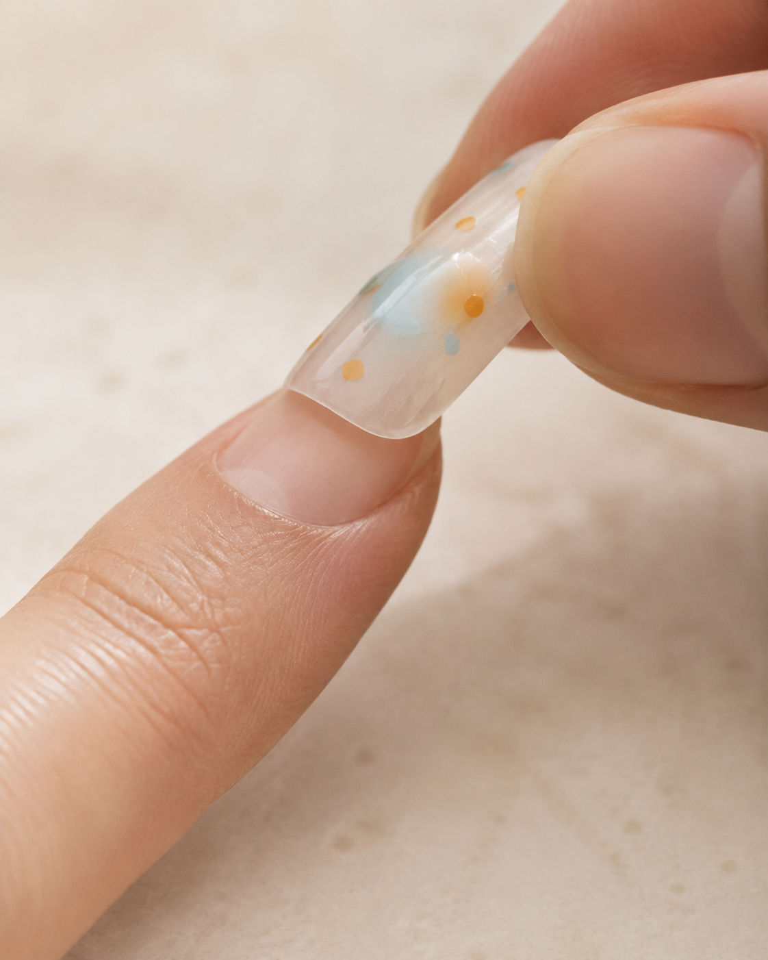 Press-on nail being held firmly with steady pressure for 30 to 60 seconds