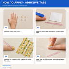 Four-step guide showing how to apply press-on nails with adhesive tabs