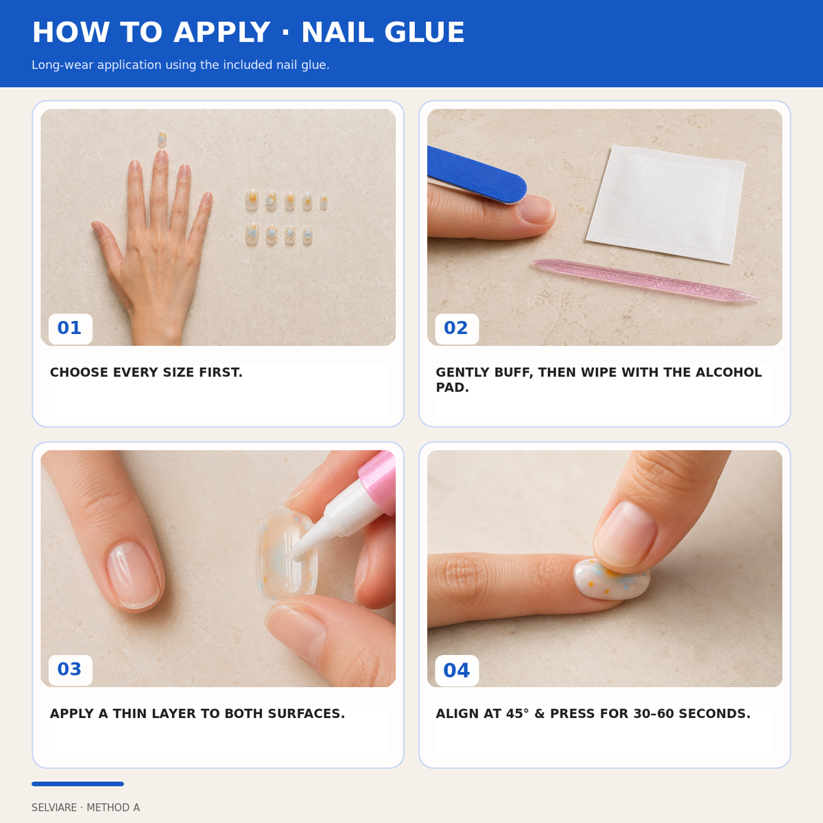Four-step guide showing how to apply press-on nails with nail glue