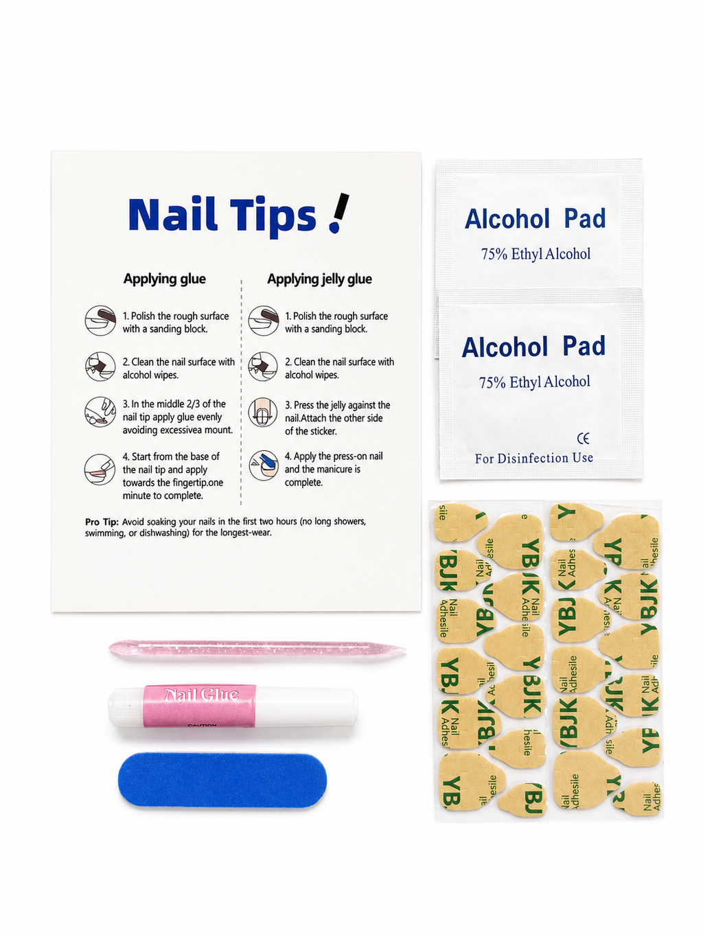 SELViARE press-on nail application kit with nail glue, adhesive tabs, alcohol wipes, nail file, manicure stick and instruction card