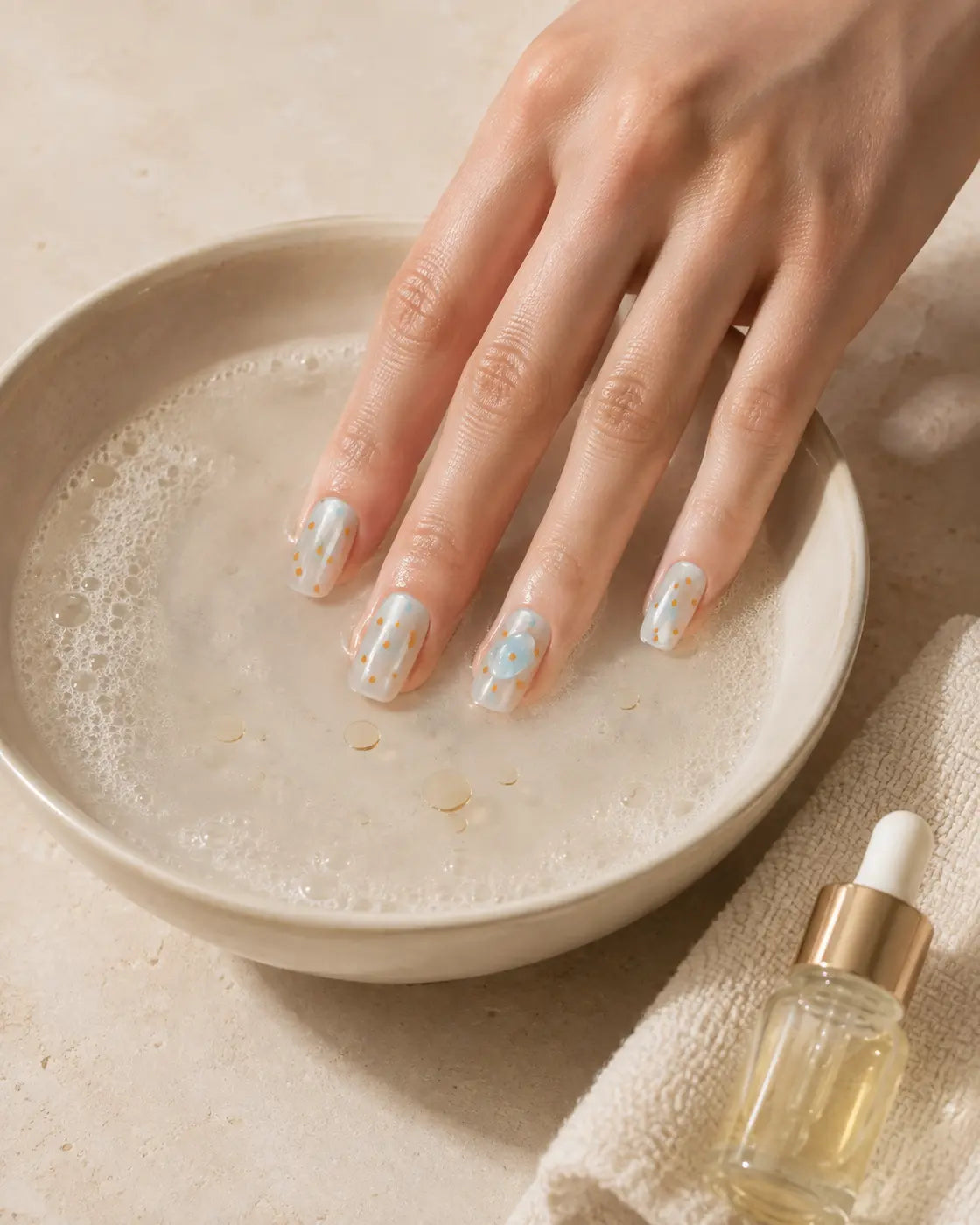 Fingertips soaking in warm soapy water and oil to soften press-on nail adhesive