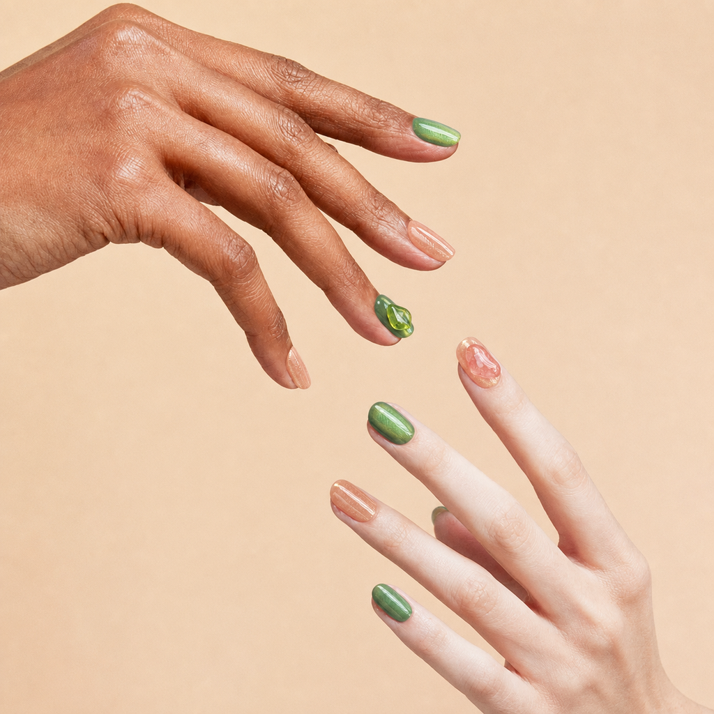 Two hands wearing With Grace peach and green crystal press-on nails on a peach background