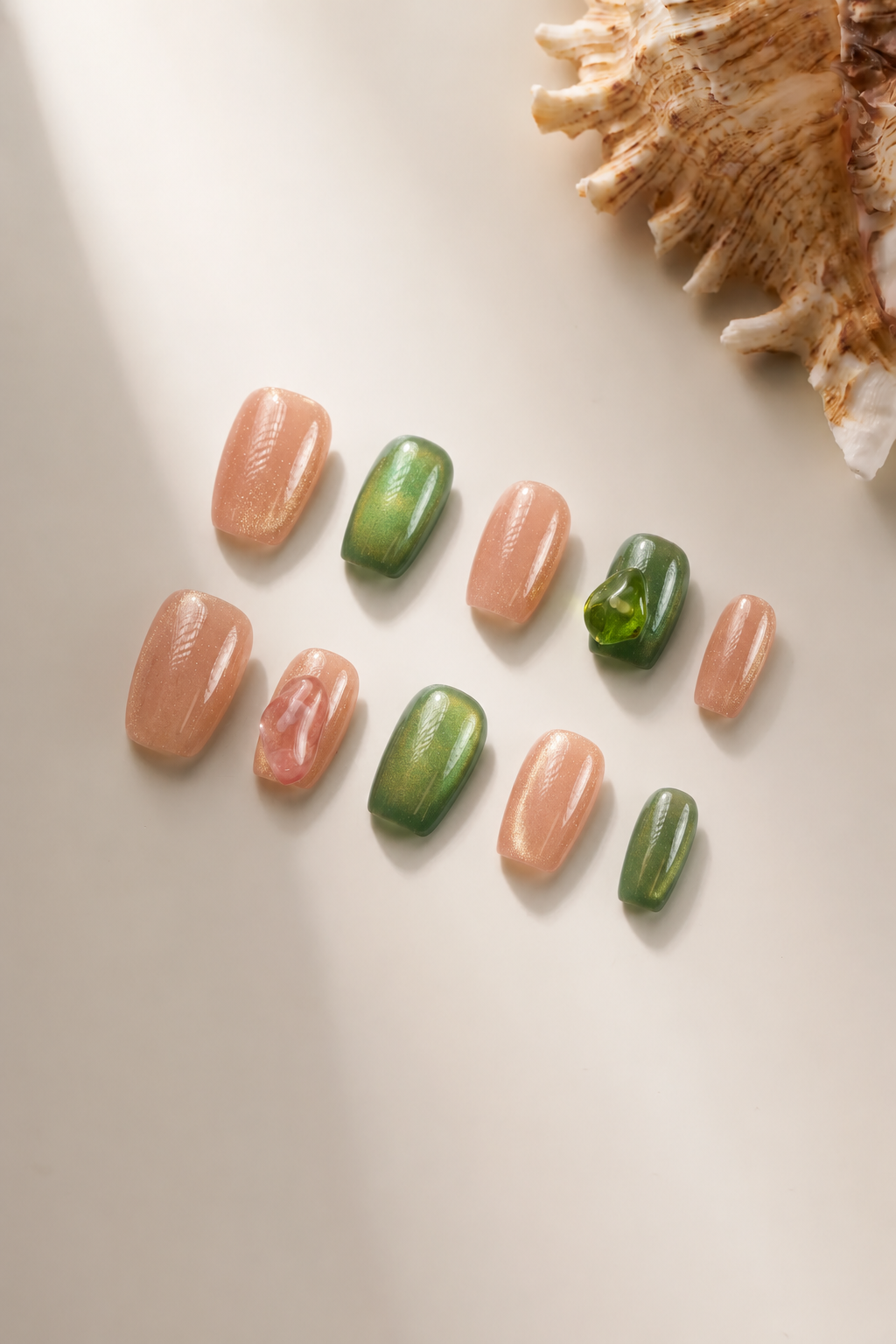Flat lay of With Grace peach and green press-on nails with color blocks and crystal fragments
